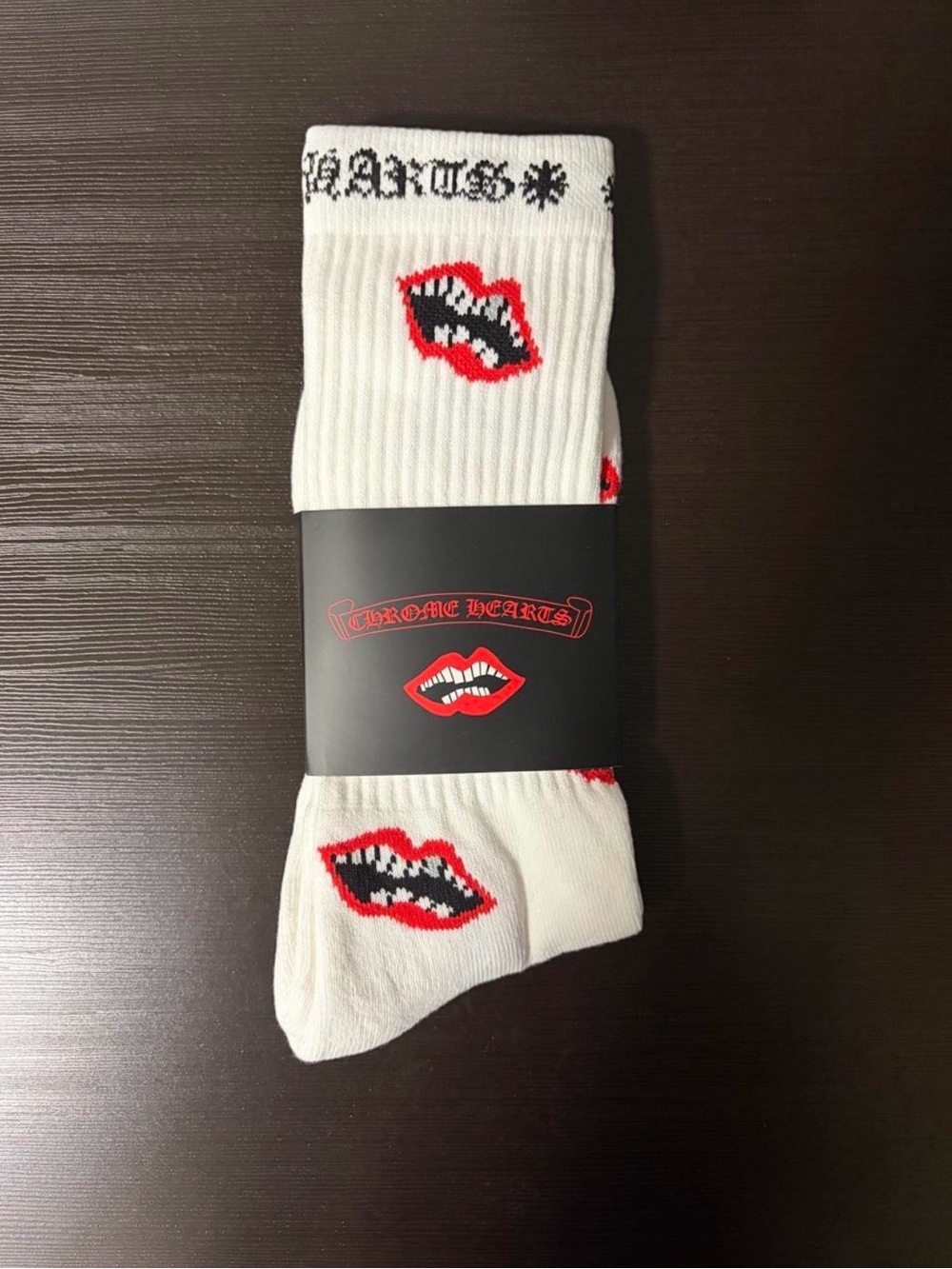Chrome Hearts White Crew Socks with Red and Black Lip Motif